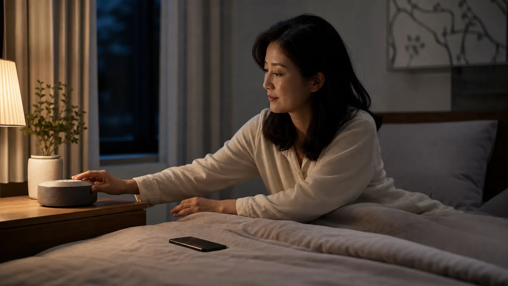잠들기 전 낮은 볼륨의 수면음악과 자동 종료 타이머를 설정하는 여성