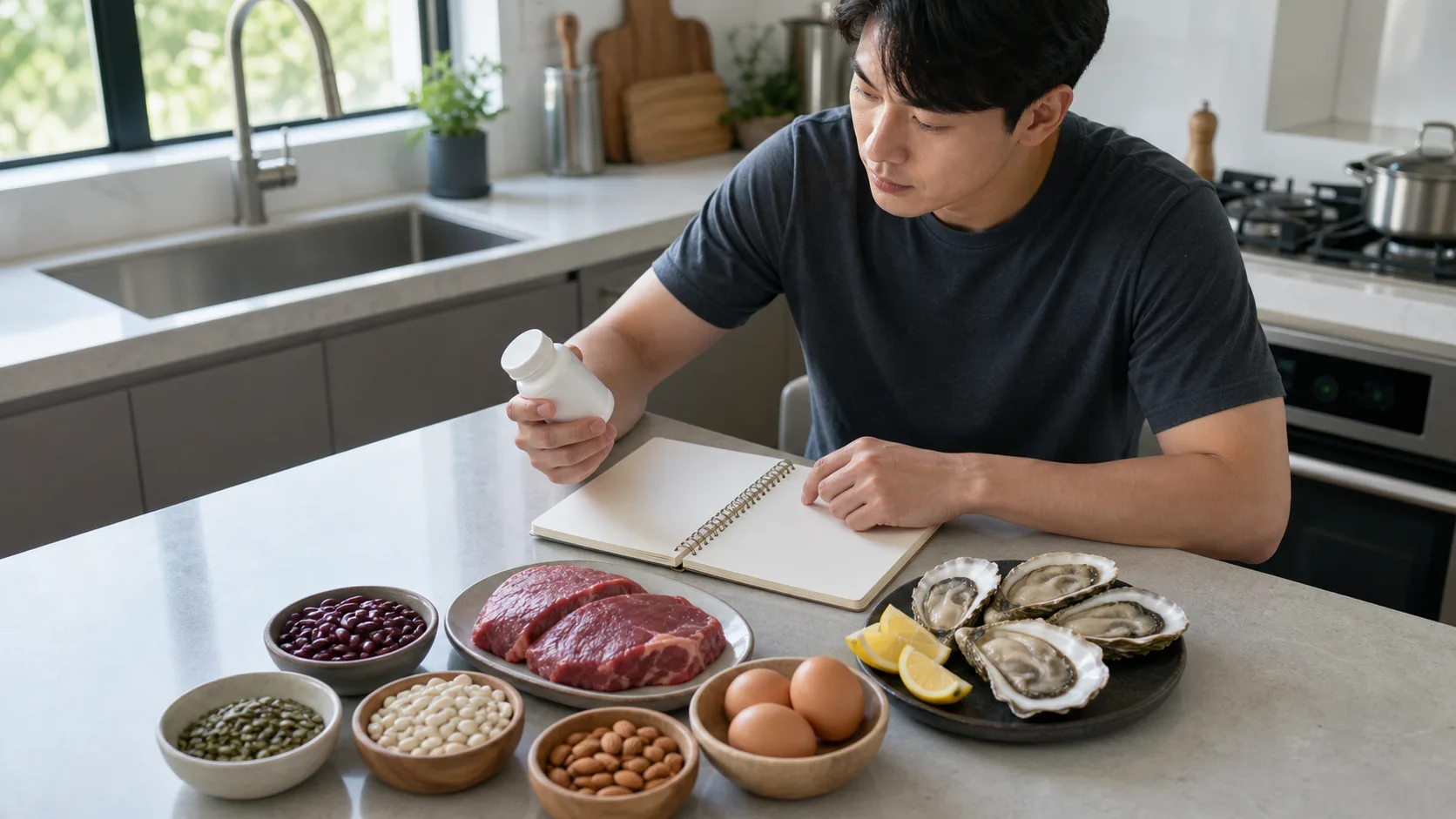 아연영양제와 굴 소고기 콩 견과류 등 아연 식품을 비교하는 모습
